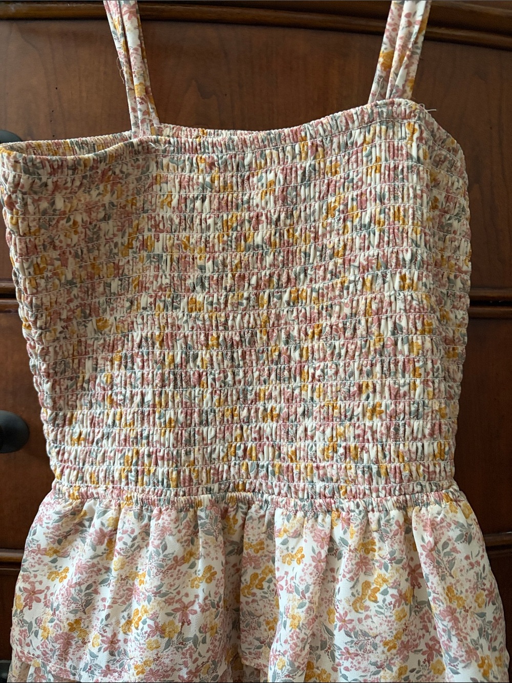 Mimi Chica Pink and Yellow Floral Smocked Tiered Midi Dress - Picture 4 of 6